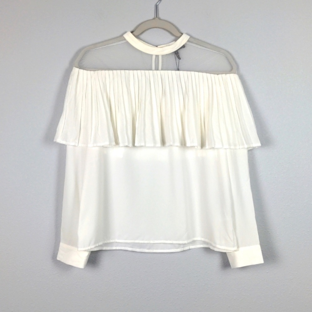 Maje Pleated Sheer Ivory White Long Sleeve Blouse Size 3 / Large Stunning!!